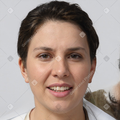 Joyful white young-adult female with short  brown hair and brown eyes