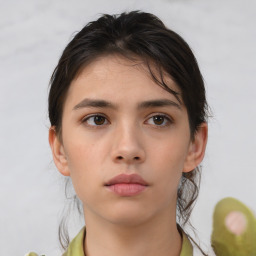 Neutral white young-adult female with medium  brown hair and brown eyes