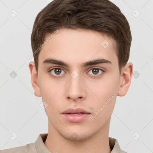 Neutral white young-adult male with short  brown hair and brown eyes