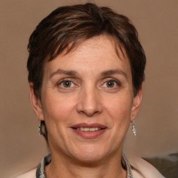 Joyful white adult female with short  brown hair and brown eyes