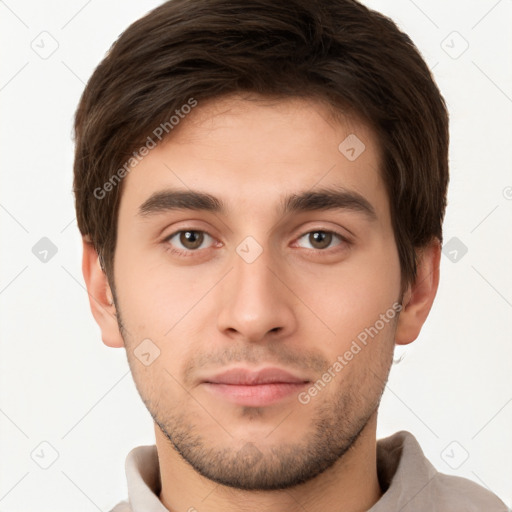 Neutral white young-adult male with short  brown hair and brown eyes