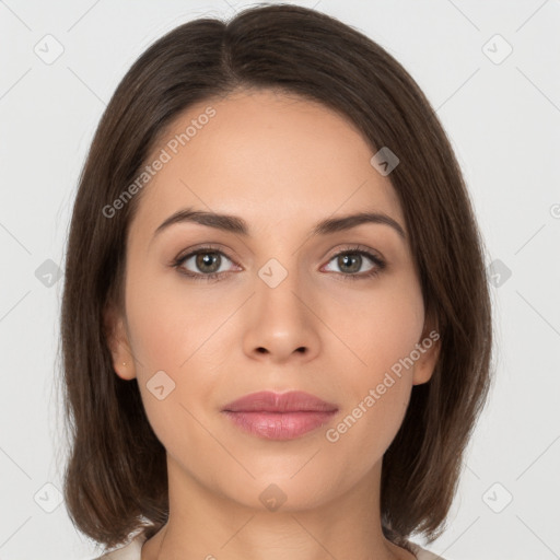 Neutral white young-adult female with medium  brown hair and brown eyes