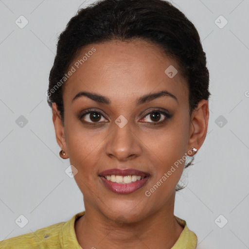 Joyful latino young-adult female with short  brown hair and brown eyes