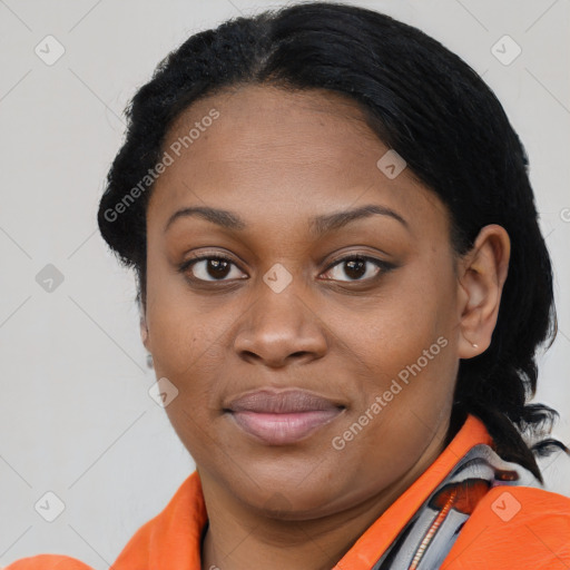 Joyful black young-adult female with medium  brown hair and brown eyes