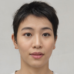 Neutral asian young-adult female with short  brown hair and brown eyes