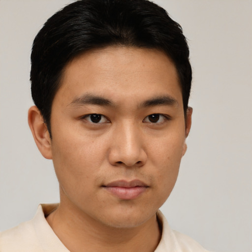 Neutral asian young-adult male with short  black hair and brown eyes
