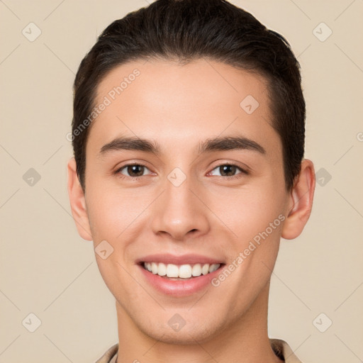 Joyful white young-adult male with short  brown hair and brown eyes