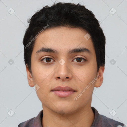 Neutral latino young-adult male with short  black hair and brown eyes