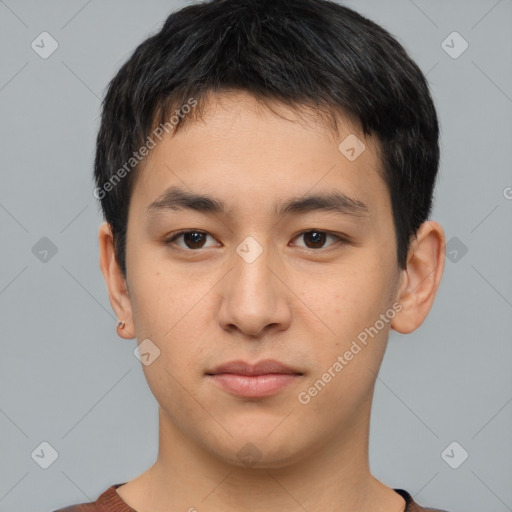 Neutral asian young-adult male with short  black hair and brown eyes