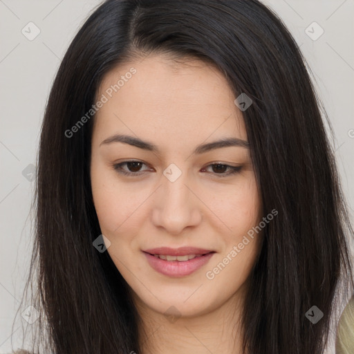 Joyful asian young-adult female with long  brown hair and brown eyes