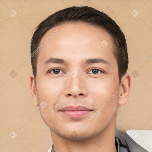 Joyful white young-adult male with short  brown hair and brown eyes