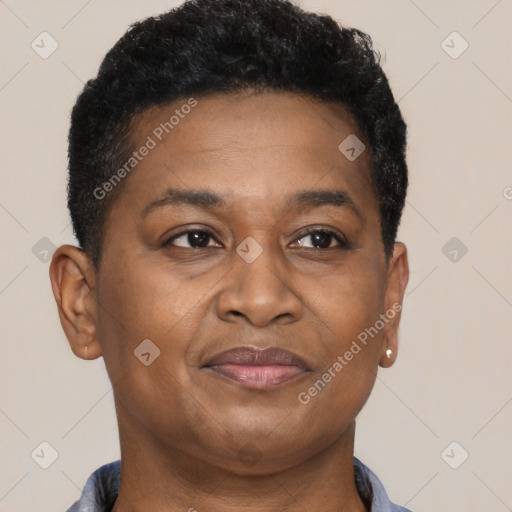 Joyful black adult female with short  brown hair and brown eyes
