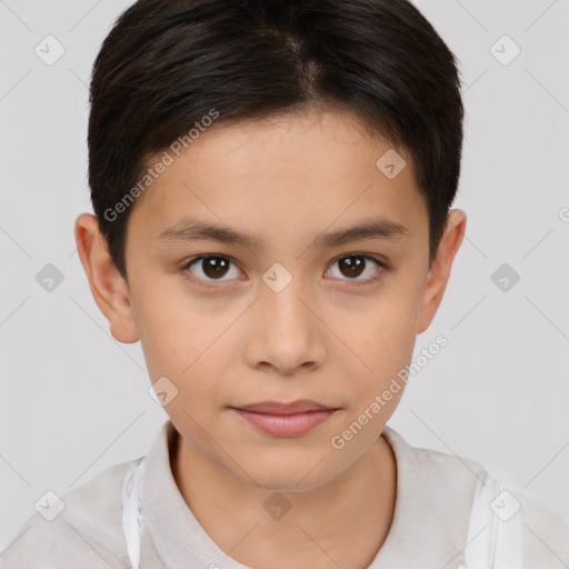 Joyful white child female with short  brown hair and brown eyes