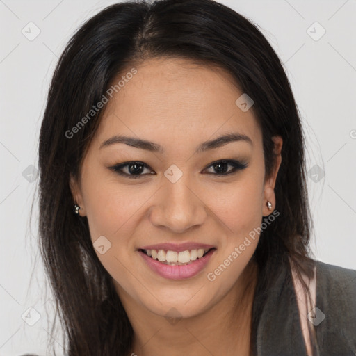 Joyful asian young-adult female with long  brown hair and brown eyes