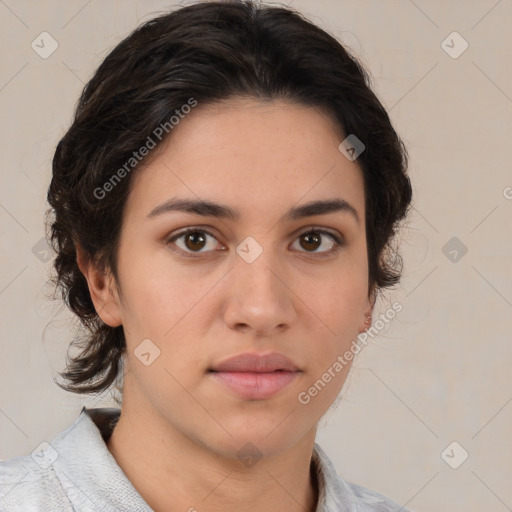 Neutral white young-adult female with medium  brown hair and brown eyes