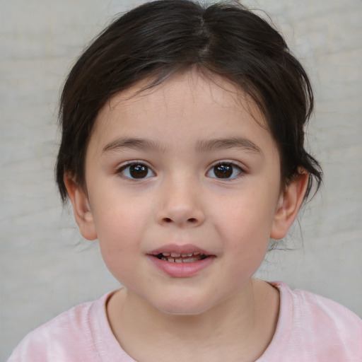 Joyful white child female with medium  brown hair and brown eyes