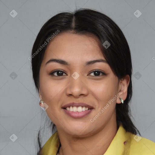 Joyful asian young-adult female with medium  black hair and brown eyes