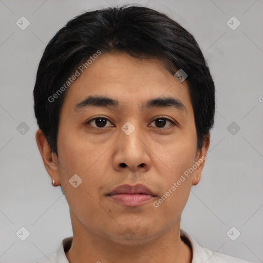 Neutral asian young-adult male with short  black hair and brown eyes