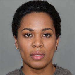 Neutral black young-adult female with short  black hair and brown eyes