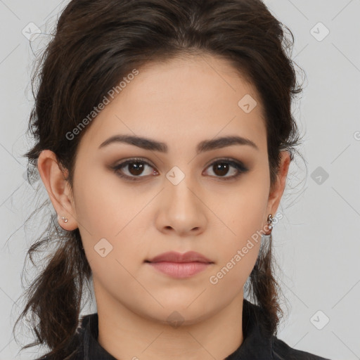Neutral white young-adult female with medium  brown hair and brown eyes