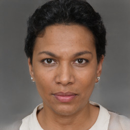 Neutral black adult female with short  brown hair and brown eyes