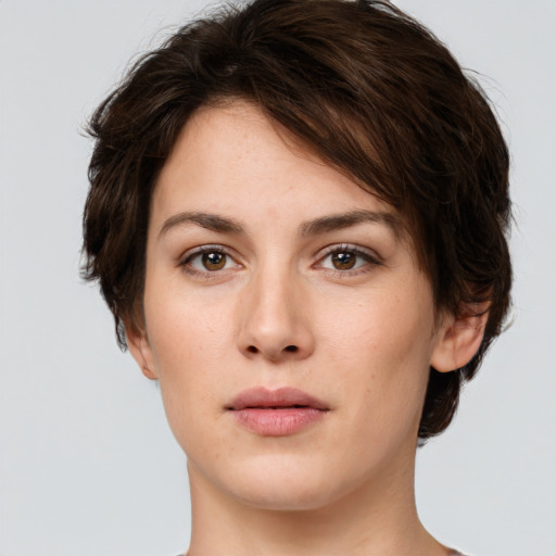 Neutral white young-adult female with short  brown hair and brown eyes