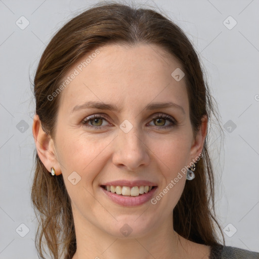 Joyful white young-adult female with medium  brown hair and grey eyes