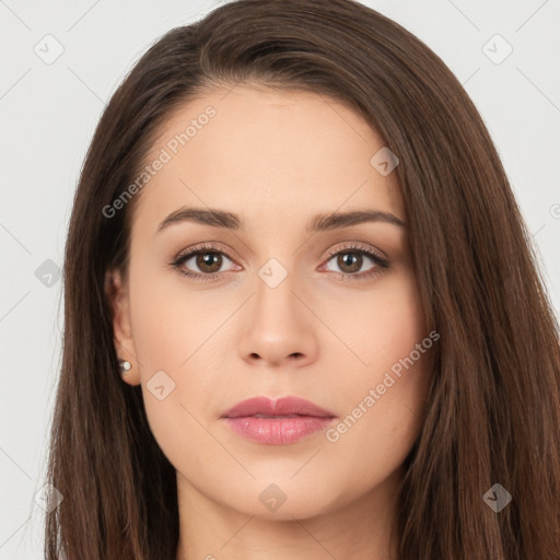 Neutral white young-adult female with long  brown hair and brown eyes