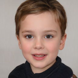 Joyful white child female with short  brown hair and brown eyes