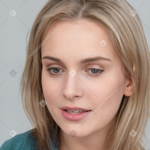 Neutral white young-adult female with long  brown hair and grey eyes