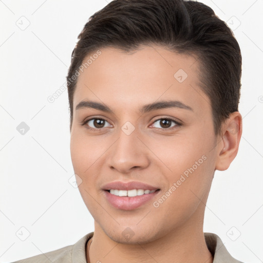 Joyful white young-adult female with short  brown hair and brown eyes