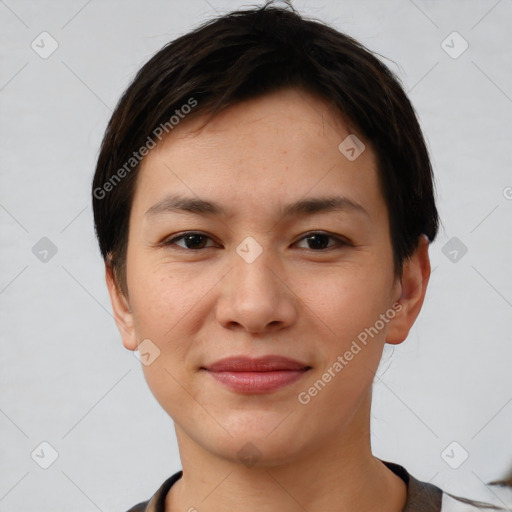 Joyful white young-adult female with short  brown hair and brown eyes