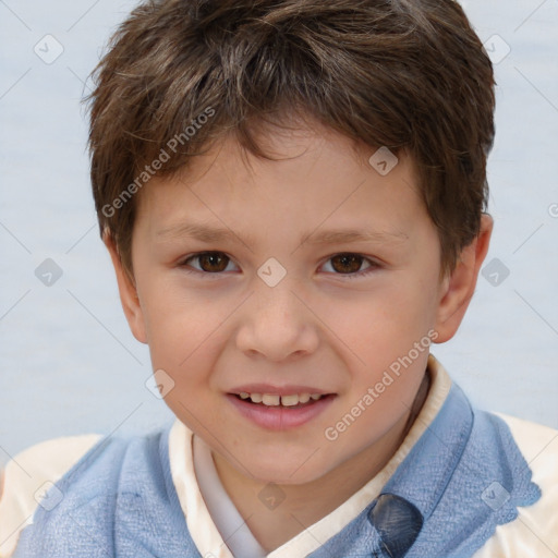 Joyful white child male with short  brown hair and brown eyes