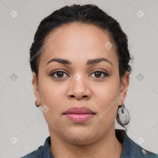 Joyful latino young-adult female with short  black hair and brown eyes