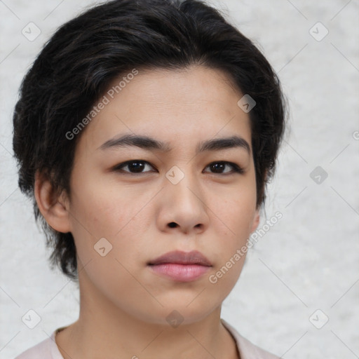 Neutral asian young-adult female with medium  brown hair and brown eyes