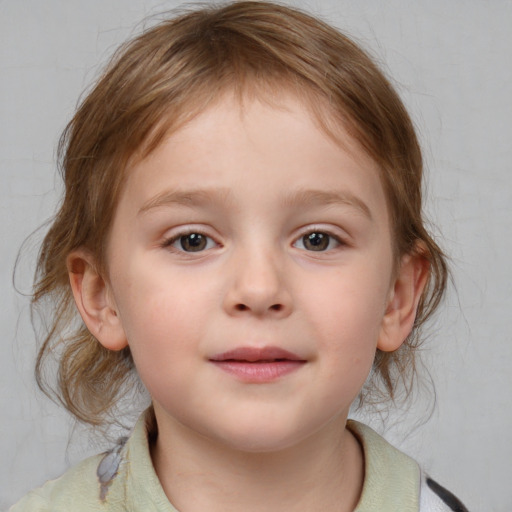 Neutral white child female with medium  brown hair and blue eyes