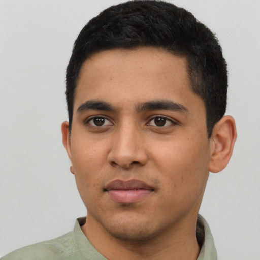 Neutral latino young-adult male with short  black hair and brown eyes
