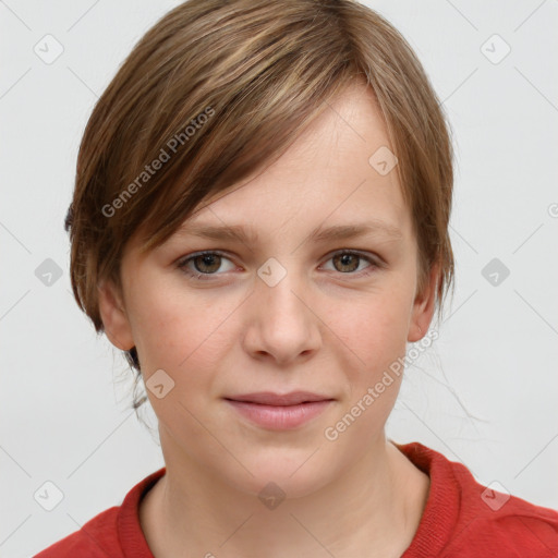 Joyful white young-adult female with medium  brown hair and blue eyes