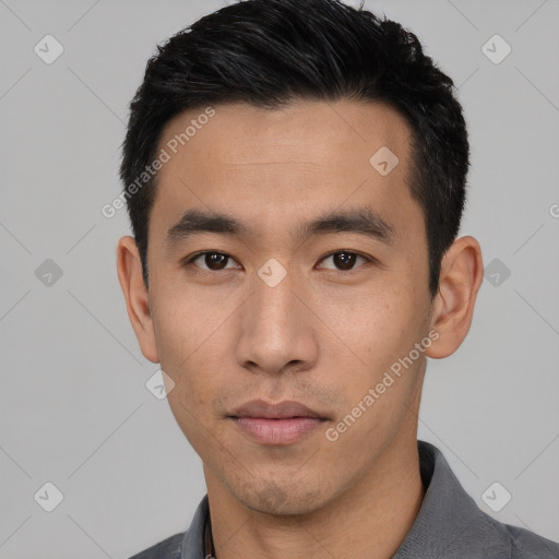 Neutral asian young-adult male with short  black hair and brown eyes