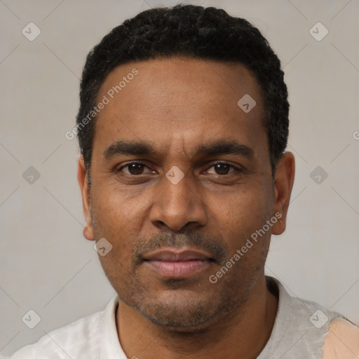 Neutral black adult male with short  black hair and brown eyes