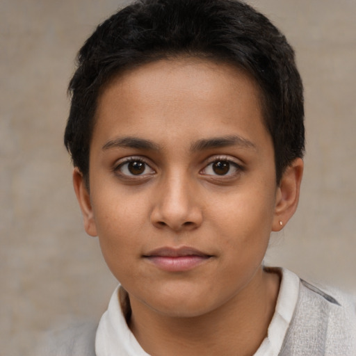 Neutral latino young-adult female with short  brown hair and brown eyes