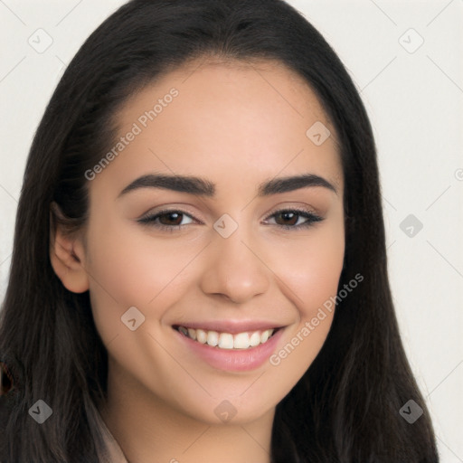 Joyful white young-adult female with long  black hair and brown eyes