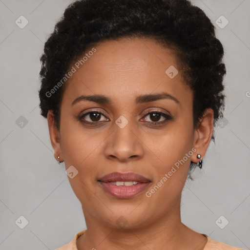 Joyful latino young-adult female with short  brown hair and brown eyes