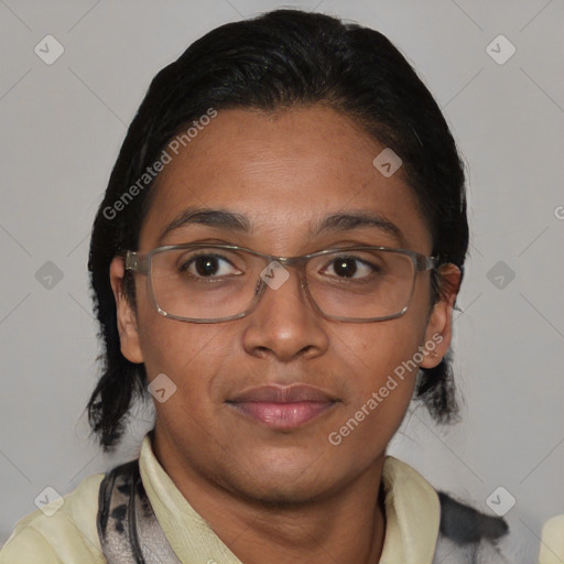 Neutral asian adult female with medium  brown hair and brown eyes