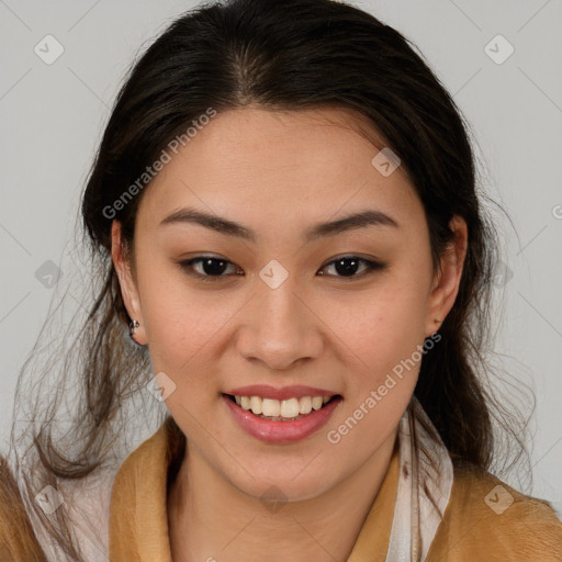 Joyful latino young-adult female with long  brown hair and brown eyes