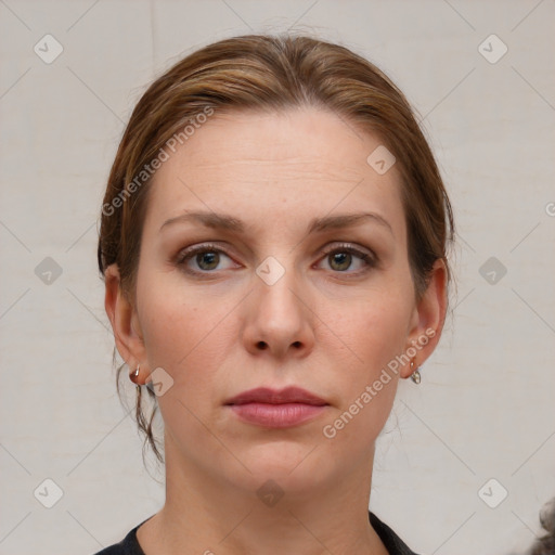 Neutral white young-adult female with medium  brown hair and grey eyes