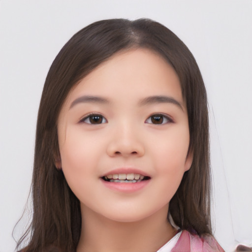 Joyful white child female with medium  brown hair and brown eyes