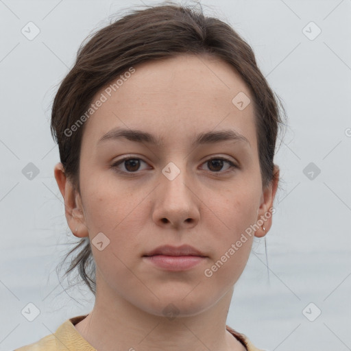 Neutral white young-adult female with short  brown hair and brown eyes