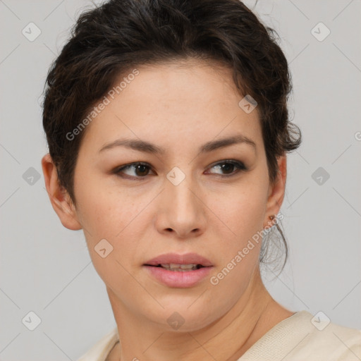 Neutral white young-adult female with short  brown hair and brown eyes