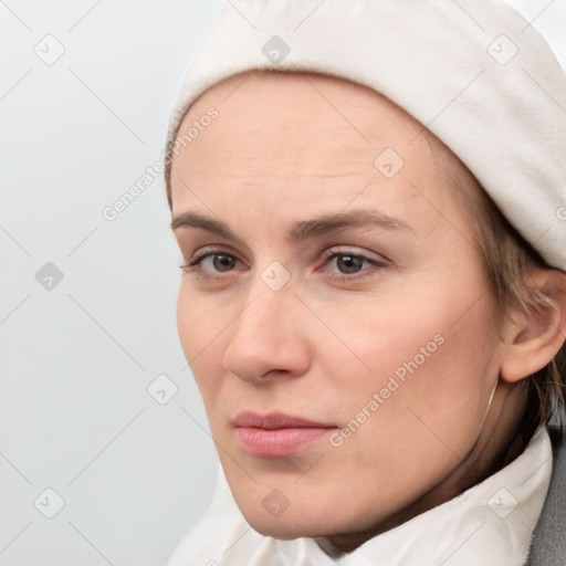 Neutral white young-adult female with short  brown hair and brown eyes